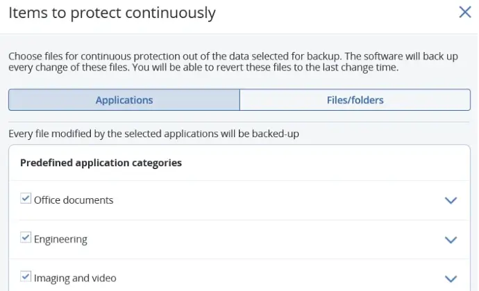 Selección de archivos y aplicaciones para protección continua en Backup Online